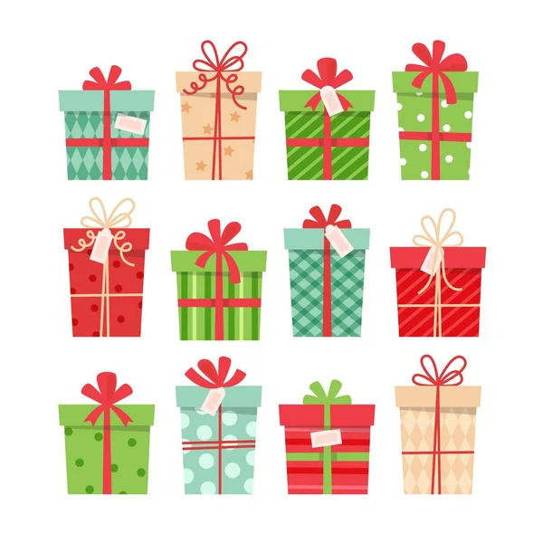 Conjunto de regalos de Navidad, diferentes cajas con cintas, ilustración vectorial en estilo plano — Archivo Imágenes Vectoriales