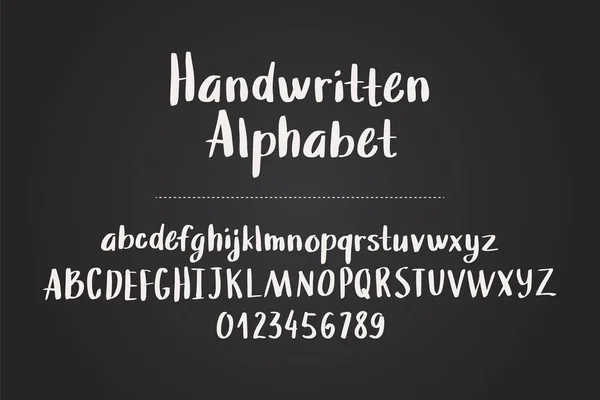 Hand drawn alphabet, letters and numbers on chalkboard background, vector illustration — Stock Vector