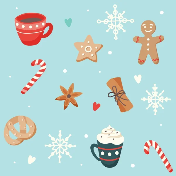 Kerst patroon met schattige kopjes en gember koekjes, vector illustratie in platte stijl — Stockvector