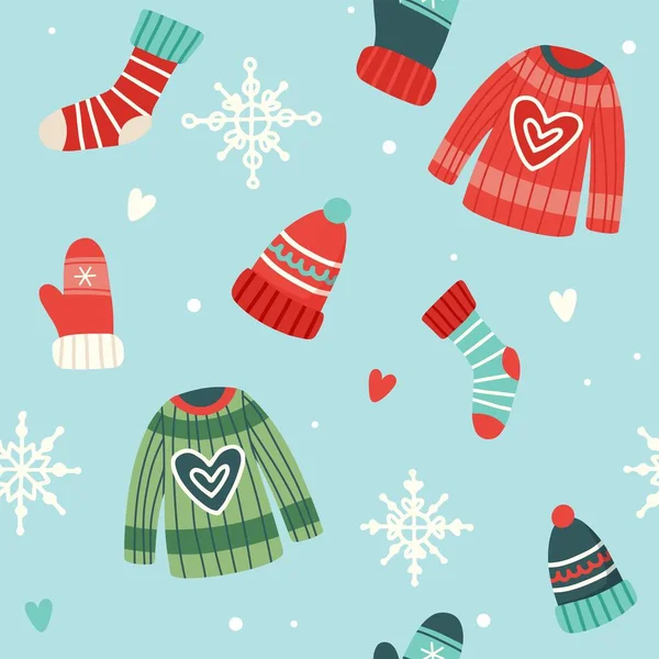 Modello natalizio con simpatici maglioni, cappelli, calzini e guanti, illustrazione vettoriale in stile piatto — Vettoriale Stock
