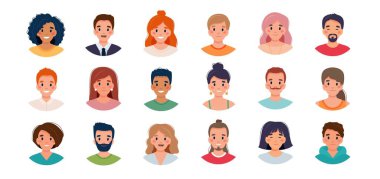 İnsanlar avatar seti. Çeşitli kadın ve erkeklerden oluşan bir grup. Düz biçimli vektör illüstrasyonu