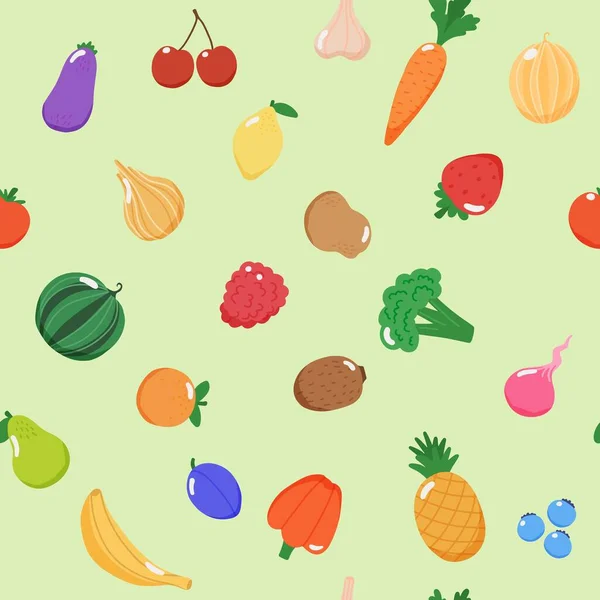 Patrón sin costura de frutas y verduras, ilustración vectorial en estilo plano — Vector de stock