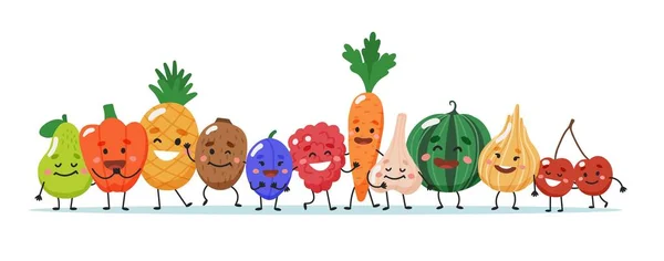 Personajes de frutas y verduras. Ilustración vectorial — Vector de stock