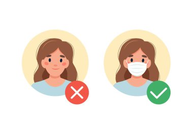 Maske gerekli. Maske takmadan giremezsin. Tıbbi maskeli ya da maskesiz bir kadın. Düz biçimli vektör illüstrasyonu