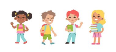 Okul çocukları, okul malzemesi taşıyan kızlar ve oğlanlar. Düz biçimli vektör illüstrasyonu