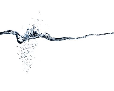 Beyaz üzerinde damla ve kabarcıklar ile temiz mavi su sıçrama