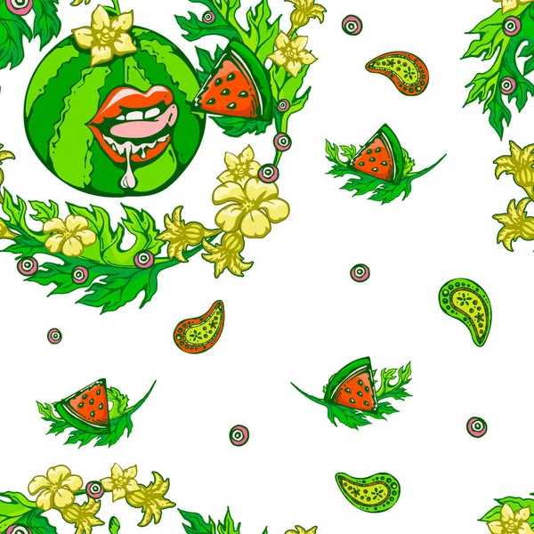 西瓜片 浆果和黄花的图案 — 图库矢量图片