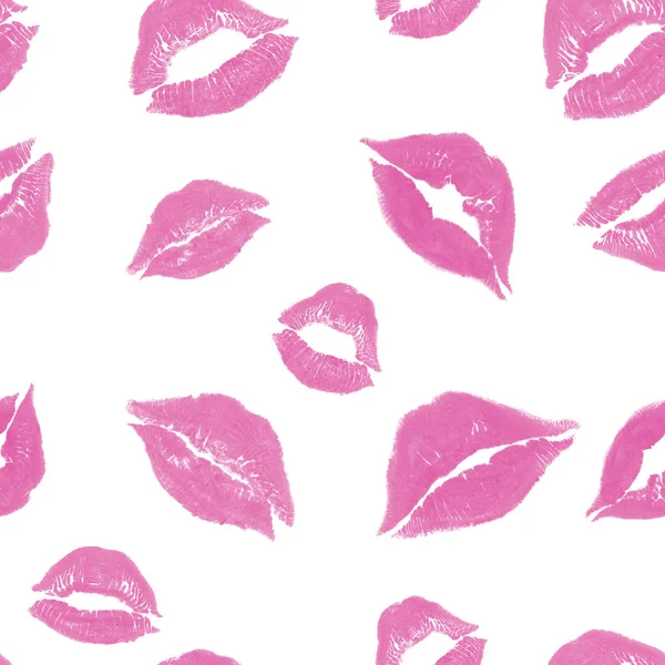 Różowy, bezszwowy wzór tła. Usta drukuje papier pakowy. Dzień całować świat, Walentynki. — Zdjęcie stockowe
