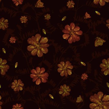 koyu dikişli arka plan üzerinde koyu altın çiçekler