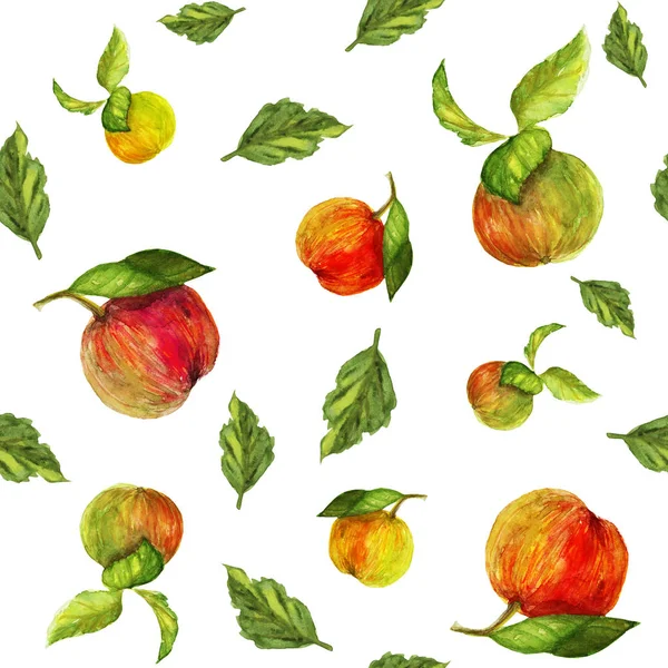 水彩无缝模式多汁的苹果与绿叶 — 图库照片