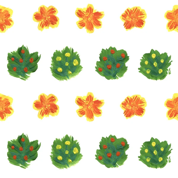 Seamless Pattern Yellow Flowers Lush Green Bushes White Background Decorate — Stock Photo, Image