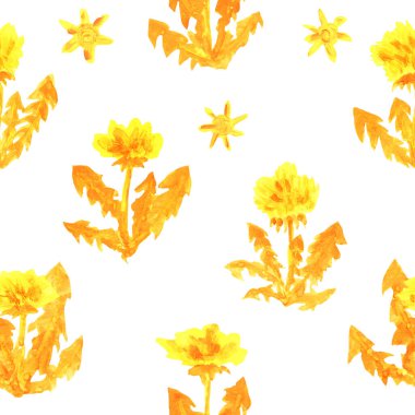 Suluboya kusursuz desen. Yaprakları ve güneşleri olan sarı karahindibalar. Tekstil, ambalaj, duvar kâğıdı için tasarım. Çocuk çizimi.