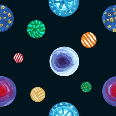 Suluboya kusursuz desen. Çok renkli gezegenler, karanlık bir arka planda daireler. Tekstil, ambalaj, duvar kâğıdı için tasarım. Çocuk çizimi.