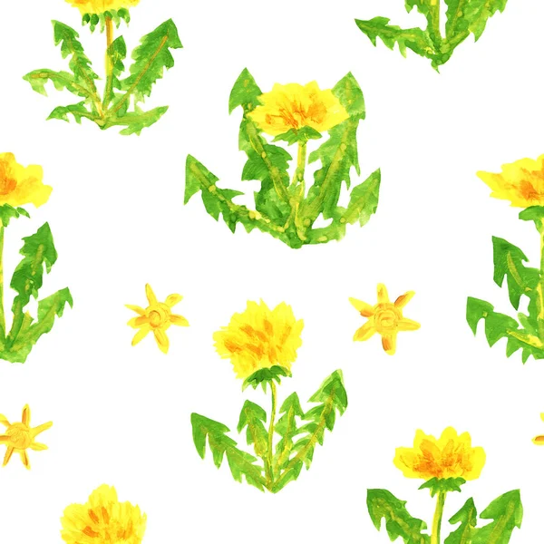 Watercolor seamless pattern. Yellow dandelions with green leaves and suns. Design for textile, packaging, wallpaper. Children's drawing.