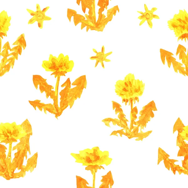 Watercolor seamless pattern. Yellow dandelions with leaves and suns. Design for textile, packaging, wallpaper. Children's drawing.