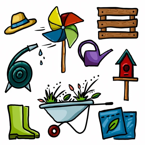 Color illustration. Garden set of plants and garden tools.