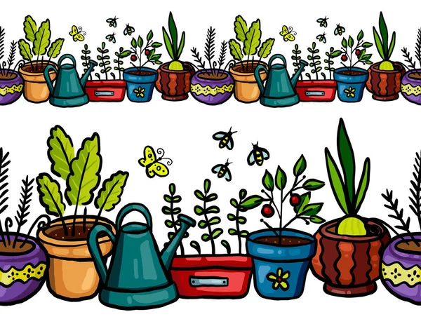 Farbige Illustration. Nahtloses Muster. Farbige Streifen für Blumen, Pflanzen, Bohnen und Bienen. — Stockfoto