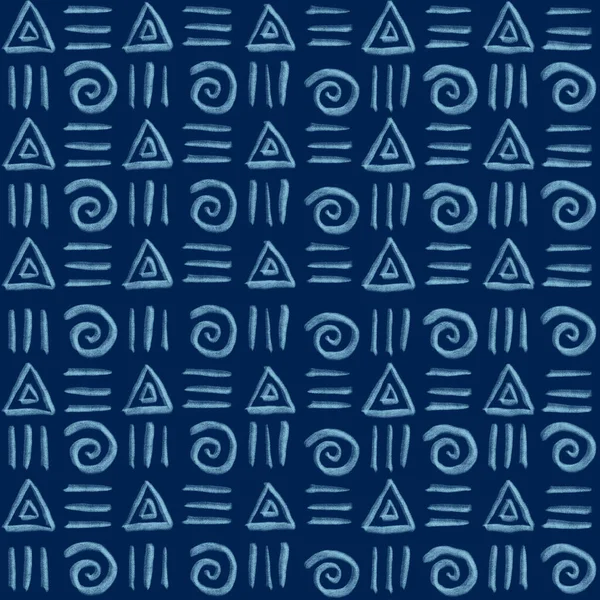 Naadloos patroon. Geometrische ornament op een blauwe achtergrond lijn, driehoek, spiraal. — Stockfoto