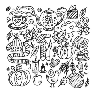 Farklı el sonbahar elementlerinden oluşan bir vektör kümesi. Karalama tarzında vektör illüstrasyonu. Beyaz arkaplanda sonbahar renklendirmesi.