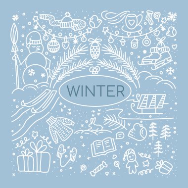 Vektör kış çizimi. Karalama çizimi. Mavi arkaplanda bir dizi sembol. Tebrikler ve dekorasyonlar için dizayn..