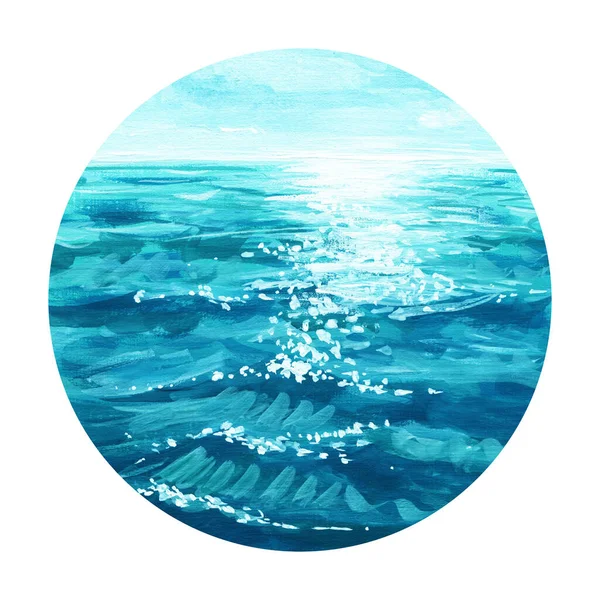 Ilustração aquarela. O círculo em que a paisagem está inscrita. Água azul com ondas e destaques do sol. — Fotografia de Stock