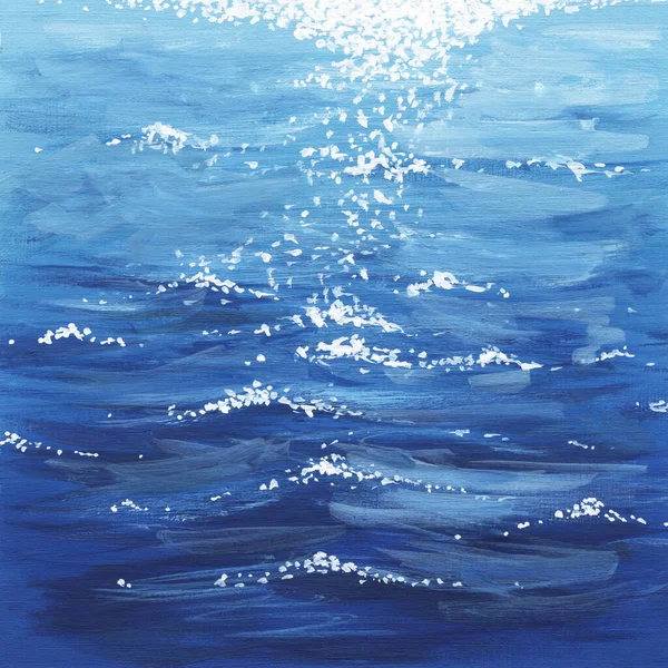 Akvarell illustration. Havet. Havet. Blått vatten med vågor och sol höjdpunkter. — Stockfoto