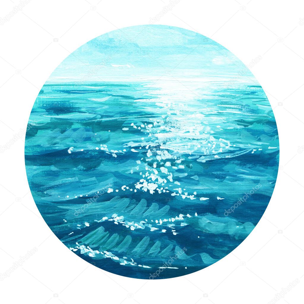 Watercolor illustration.The circle in which the landscape is inscribed. Blue water with waves and sun highlights.