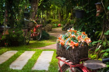 Bahçede kırmızı bisiklet kavramı güzel renkli çiçekler