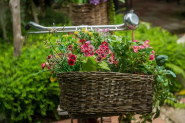 Bahçede kırmızı bisiklet kavramı güzel renkli çiçekler