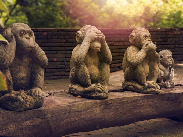 Tre apor statyer som har olika inlägg. — Stockfoto