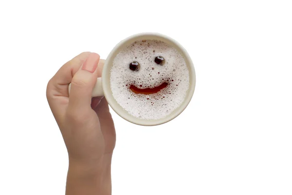 Bir Fincan Kahve Tutan Kadın Eli Gülücük Yüzden — Stok fotoğraf