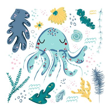 Denizanası şirin karalama el düz vektör çizimi. Vahşi deniz hayvanı vektörü, çiçek arkaplan posteri. Yaprakları, çiçekleri ve benekleri olan çim dalları tasarım elementi. Deniz, okyanus, deniz