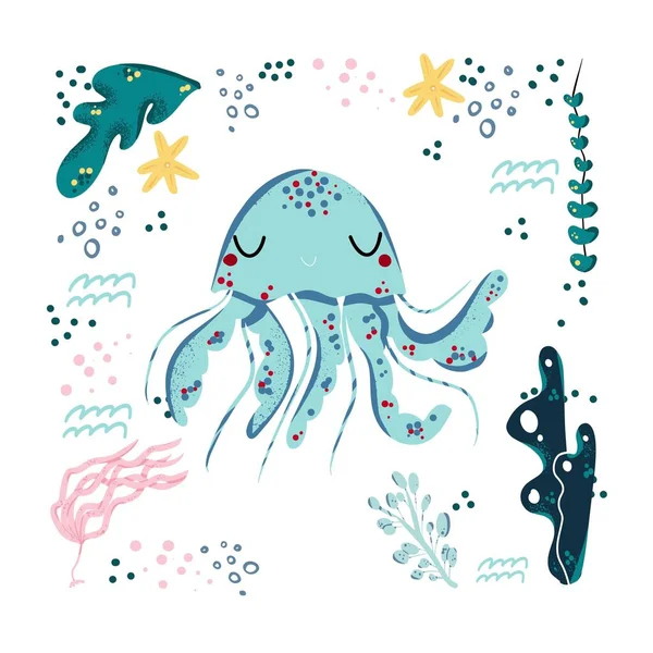 Jelyfish Χαριτωμένο Doodle Χέρι Επέστησε Επίπεδη Διανυσματική Απεικόνιση Άγρια Θαλάσσια — Διανυσματικό Αρχείο