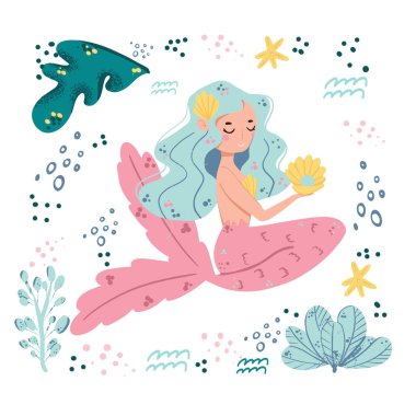 Şirin deniz kızı ve deniz doğası. Şirin deniz nesneleri koleksiyonu. El çizimi, çocuklar deniz kızı baskısı