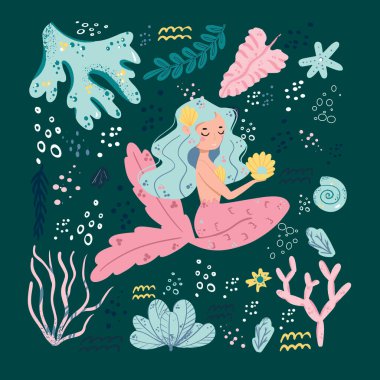 Şirin denizkızları ve deniz bitkileri. Komik çizgi film karakterleri ve mercanlar beyazın üzerinde izole edilir. Denizkızı kızlarla yaz tatili.