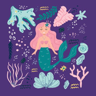 Şirin denizkızları ve deniz bitkileri. Komik çizgi film karakterleri ve mercanlar beyazın üzerinde izole edilir. Denizkızı kızlarla yaz tatili.
