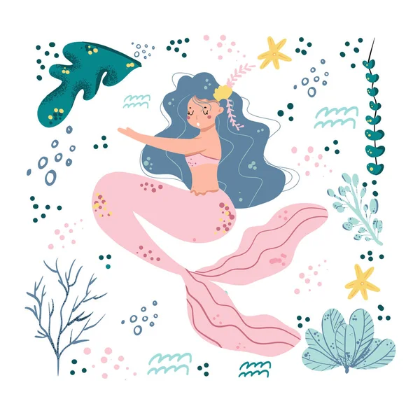 Sereia bonito e natureza aquática. Coleção de objetos de mar bonito. Doodle mão desenhar, crianças imprimir sereia — Vetor de Stock