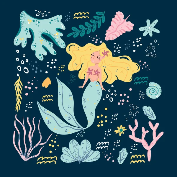 Lindas sirenas y plantas marinas. Divertidos personajes de dibujos animados y corales están aislados en blanco. Clipart de verano con chicas sirena . — Archivo Imágenes Vectoriales