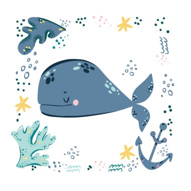 Sevimli bebek balina çizimi ile çocuksu bir iz. Suyun altında ya da okyanusta yaşayan bir hayvan. Yaratıcı çocuk hayvan karakteri baskı, poster, tekstil, kumaş, oda dekorasyonu, kartlar, çocuk kıyafetleri.