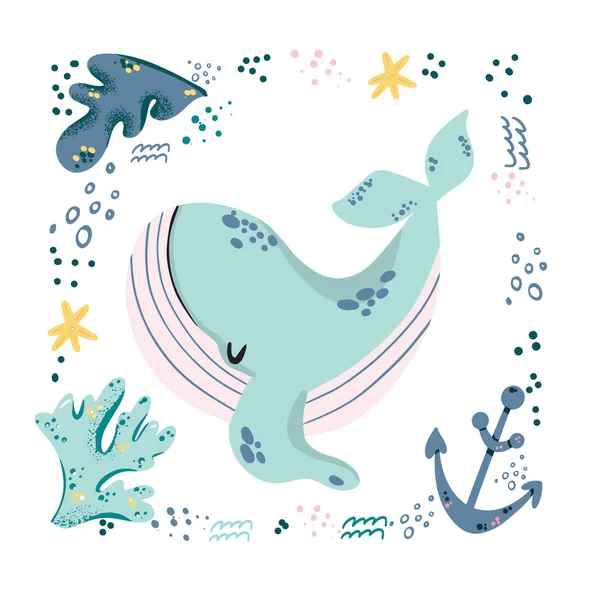 Childish Print mit niedlichen Baby-Wal-Vektorillustration. Unter Wasser Meer oder Ozean Tier. Kreative Kinder Tierfiguren für Druck, Poster, Textilien, Stoff, Raumdekor, Karten, Kinderbekleidung. — Stockvektor