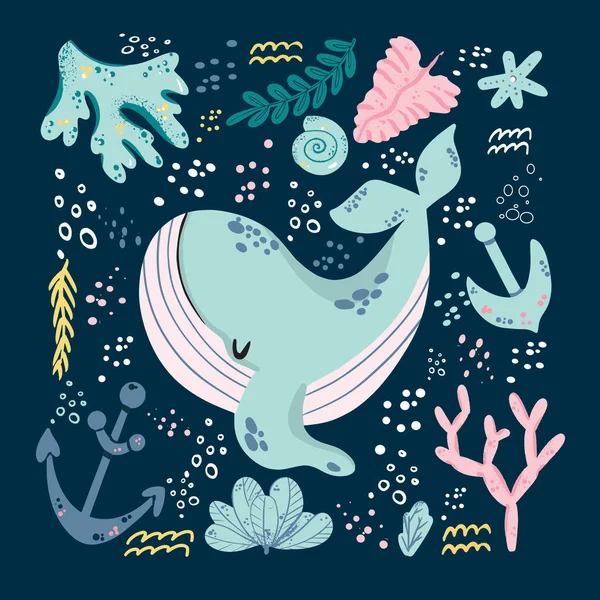 Kinderachtige print met schattige baby walvis vector illustratie. Onder water zee of oceaan dier. Creatieve kinderen dierlijke karakter voor print, poster, textiel, stof, kamer decor, kaarten, kinderkleding. — Stockvector