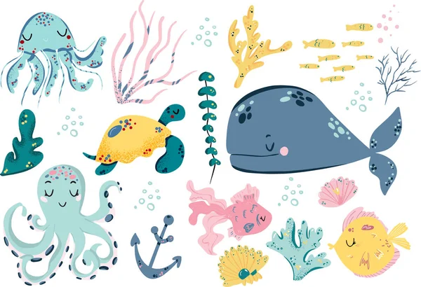 Zeeleven. Gezet met grappige zeedieren. Vectorverzameling. — Stockvector