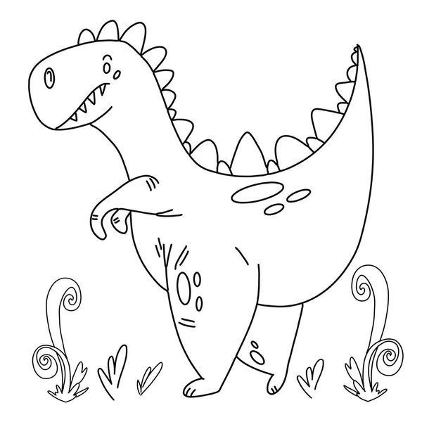 Ilustração vetorial de personagem de dinossauro bonito desenhos animados para crianças, colorir crianças página, doodle dino —  Vetores de Stock