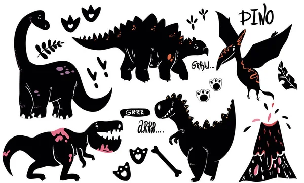 Dinozauri siluete negre set cu litere pterodactil plesiozaur spinosaurus tyrannosaurus triceratops pe fundal alb izolat vectorial ilustrare . — Vector de stoc