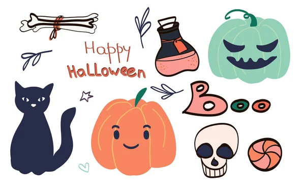 Big set of kawaii funny Halloween elements, characters, with text, haunted house, pumpkins, ghosts, cat, mummy . Isolated objects. Hand drawn vector illustration. Line drawing. Design concept printing — Stock Vector