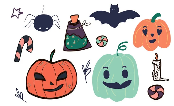Big set of kawaii funny Halloween elements, characters, with text, haunted house, pumpkins, ghosts, cat, mummy . Isolated objects. Hand drawn vector illustration. Line drawing. Design concept printing — Stock Vector
