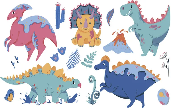 Conjunto de lindas ilustraciones de dinosaurios. Los iconos vectoriales de dibujos animados son adecuados para tarjetas, fondos de pantalla, fondos de escritorio, tela e impresión textil. — Archivo Imágenes Vectoriales