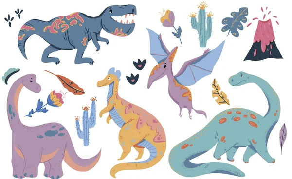 Set van schattige dinosaurus illustraties. Cartoon vector iconen zijn geschikt voor kaarten, wallpapers, achtergronden, stof en textiel print — Stockvector