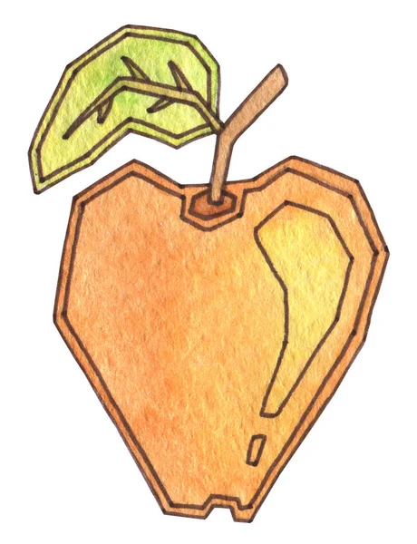 Une belle pomme jaune et orange avec une feuille verte. Une bonne nutrition, végétalien, végétarien, alimentation saine. Pomme brillante juteuse fraîche. Aquarelle dessin à la main avec contour . — Photo