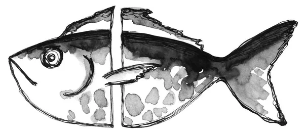 Рука малює чорнило і пір'я чорно-білої абстрактної риби. Точкові плями і смуги . — стокове фото